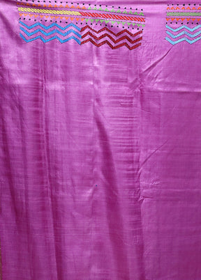 Purple Handloom Kantha Stitch Pure Silk Saree With Blouse Piece