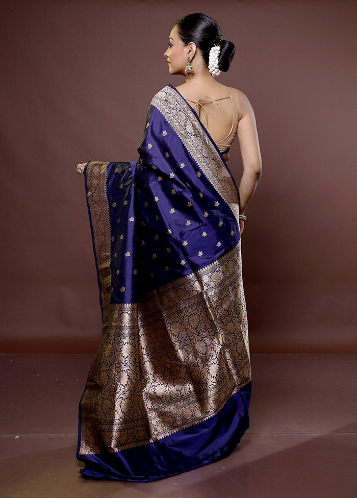 Blue Handloom Katan Pure Silk Saree With Blouse Piece