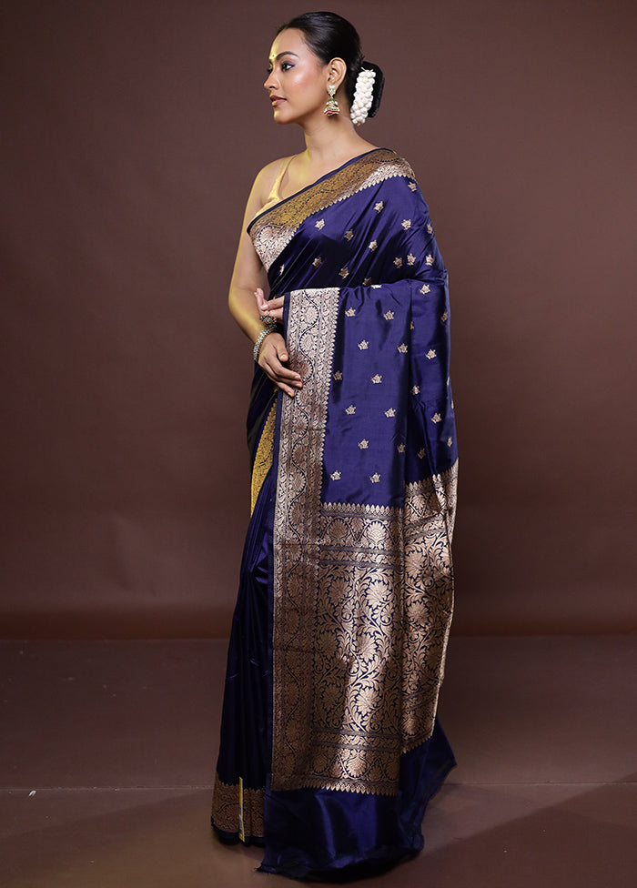 Blue Handloom Katan Pure Silk Saree With Blouse Piece