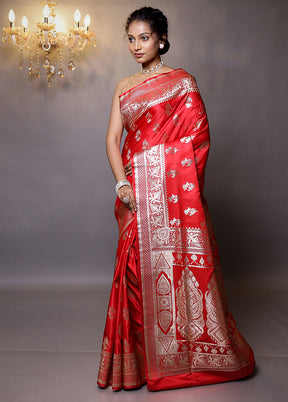 Red Banarasi Silk Saree With Blouse Piece