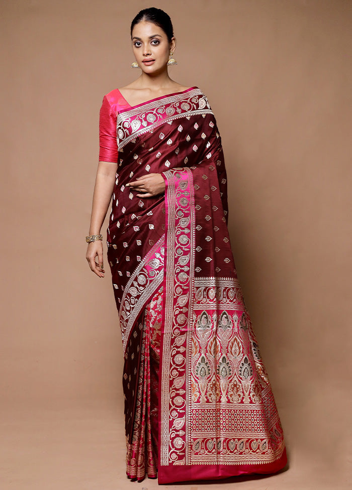 Maroon Handloom Banarasi Pure Silk Saree With Blouse Piece