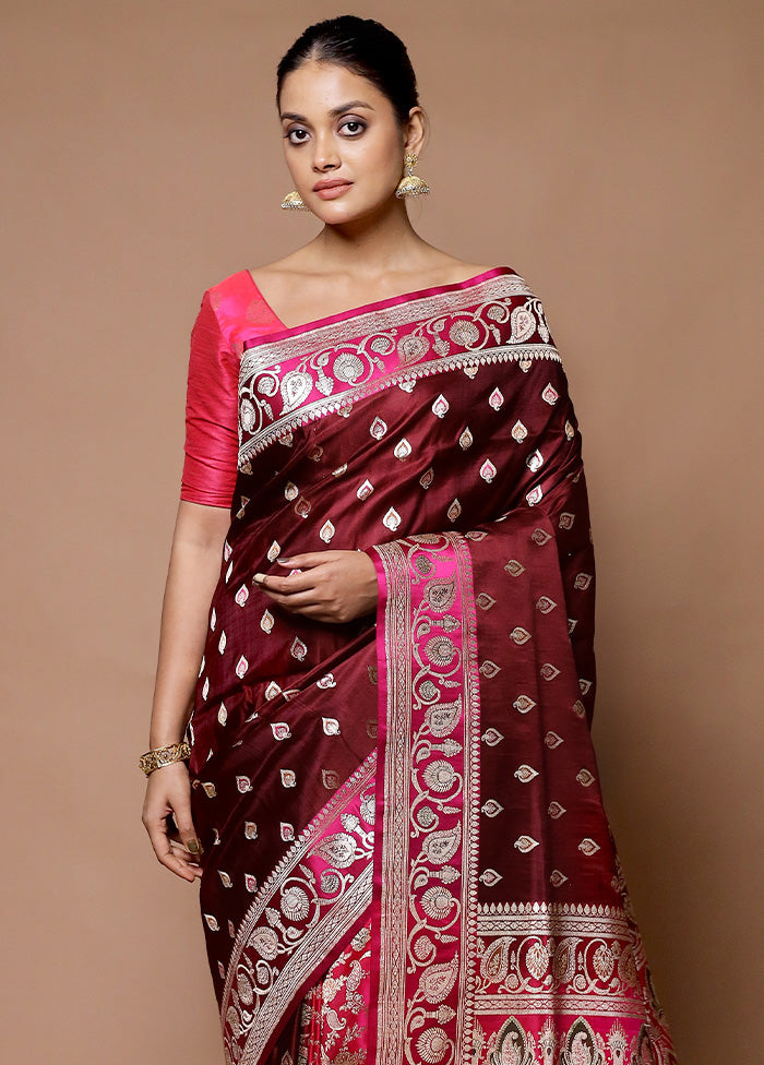 Maroon Handloom Banarasi Pure Silk Saree With Blouse Piece