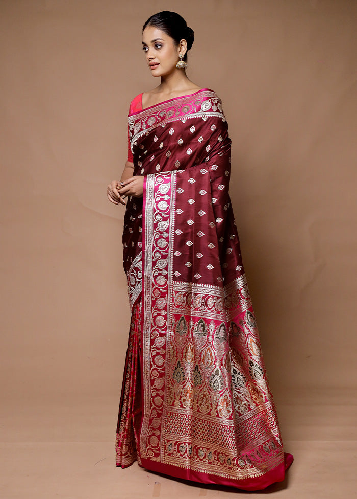 Maroon Handloom Banarasi Pure Silk Saree With Blouse Piece