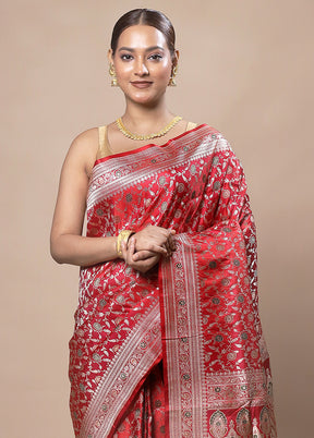 Red Handloom Banarasi Pure Silk Saree With Blouse Piece