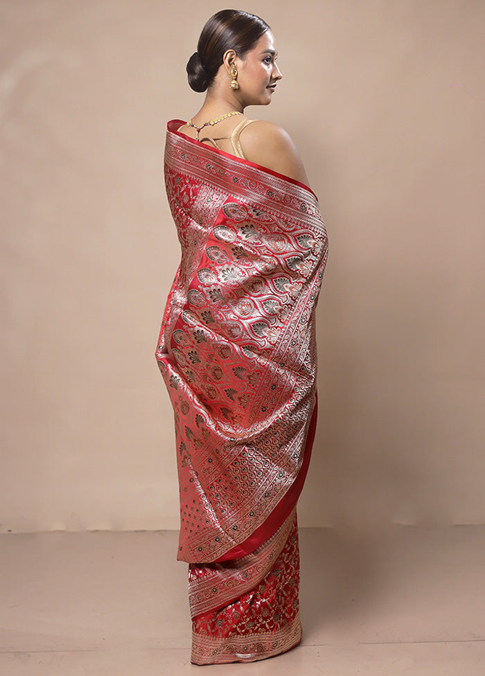 Red Handloom Banarasi Pure Silk Saree With Blouse Piece