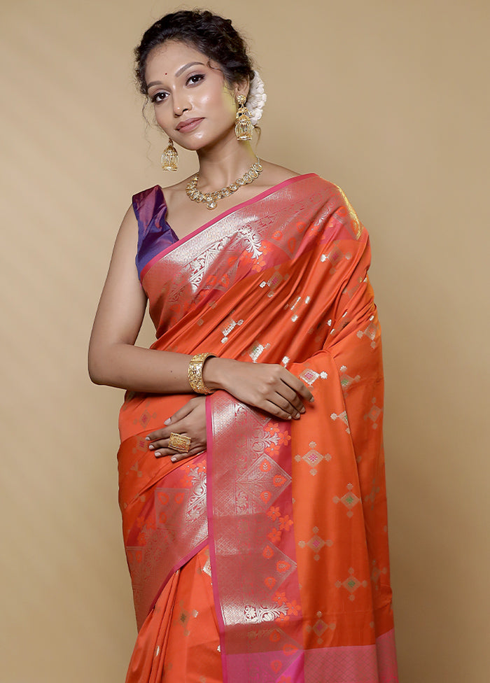 Orange Dupion Silk Saree With Blouse Piece - Indian Silk House Agencies