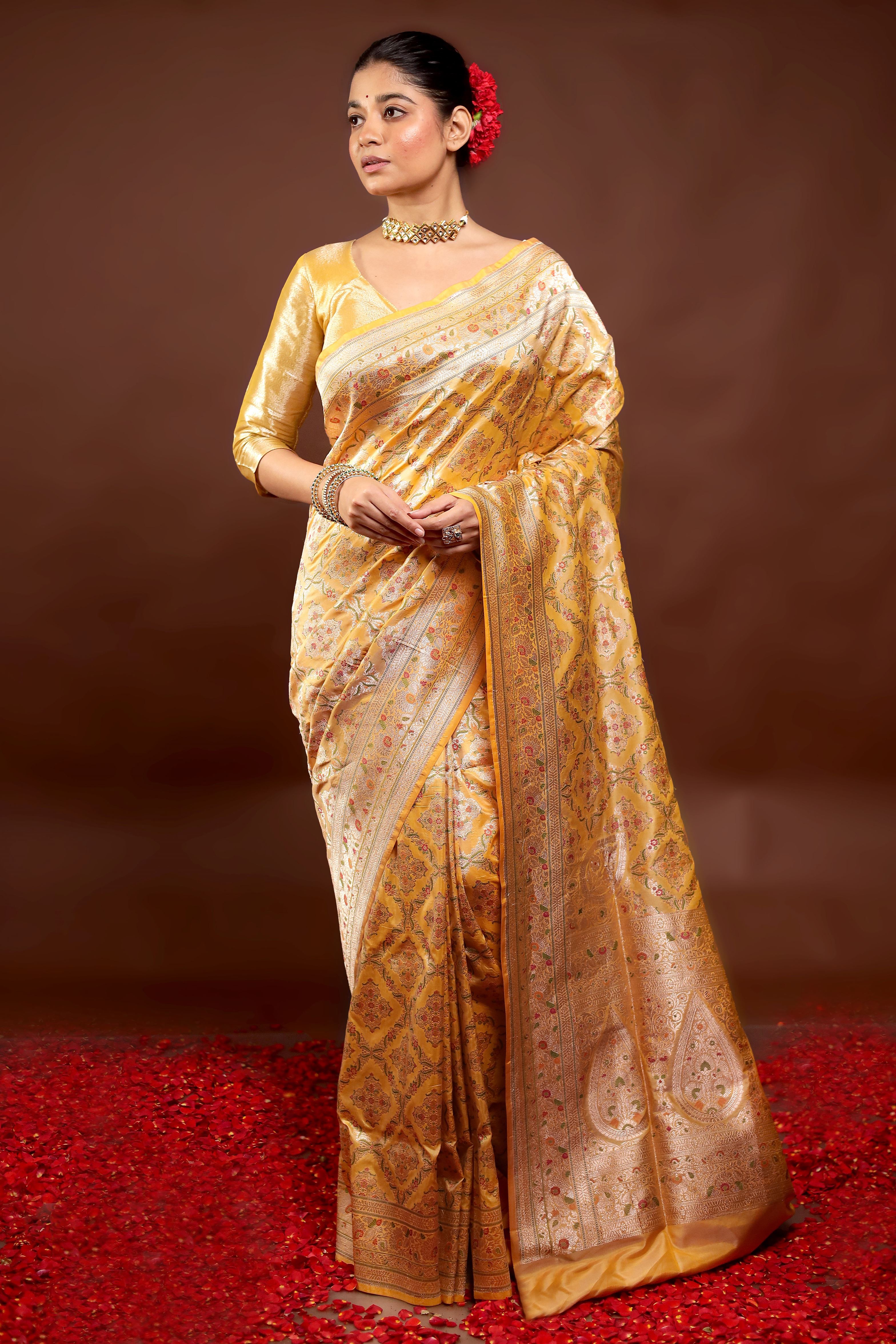 Yellow Handloom Katan Pure Silk Saree With Blouse Piece