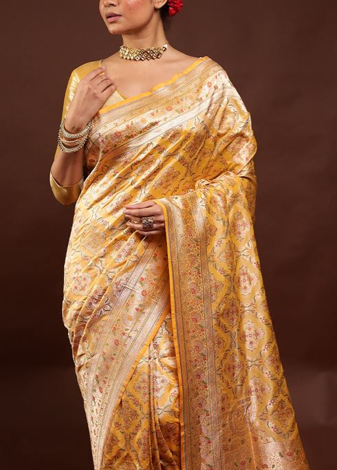 Yellow Handloom Katan Pure Silk Saree With Blouse Piece