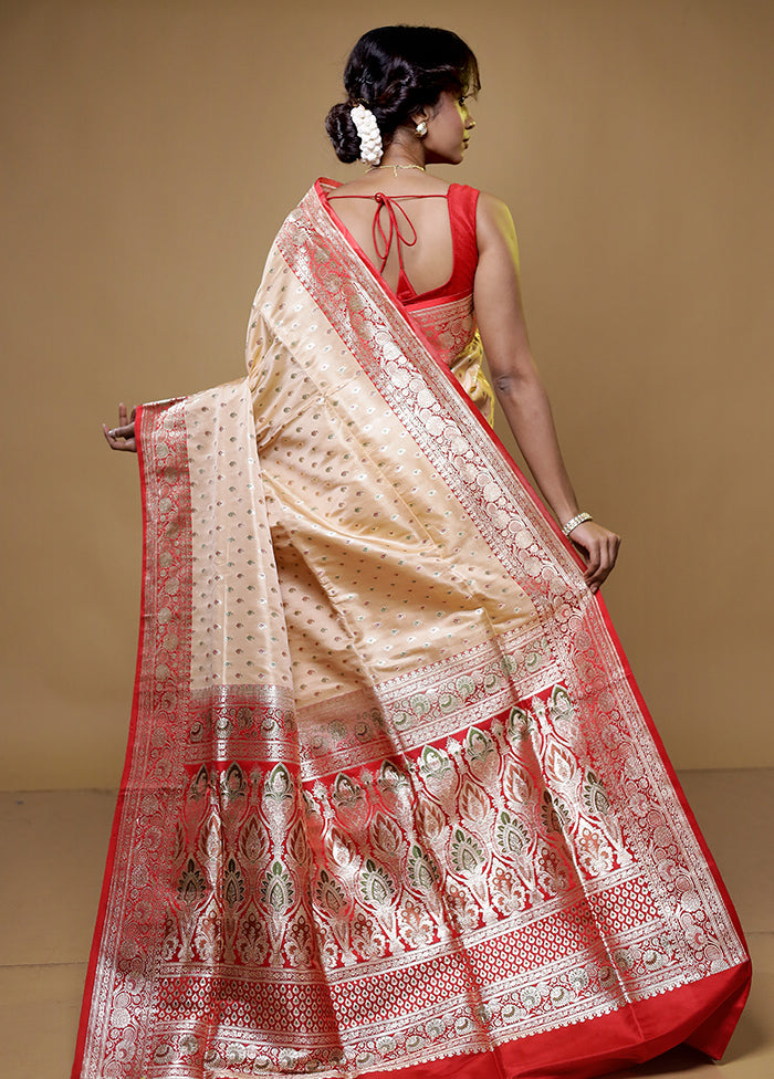 Cream Handloom Banarasi Pure Silk Saree With Blouse Piece