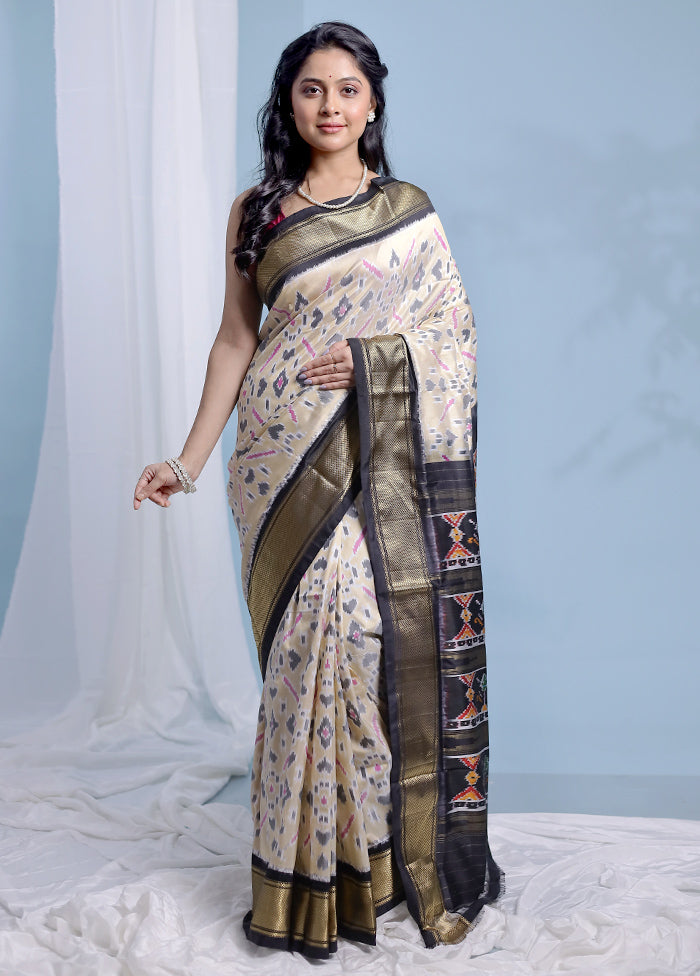 Cream Ikkat Pure Silk Saree With Blouse Piece