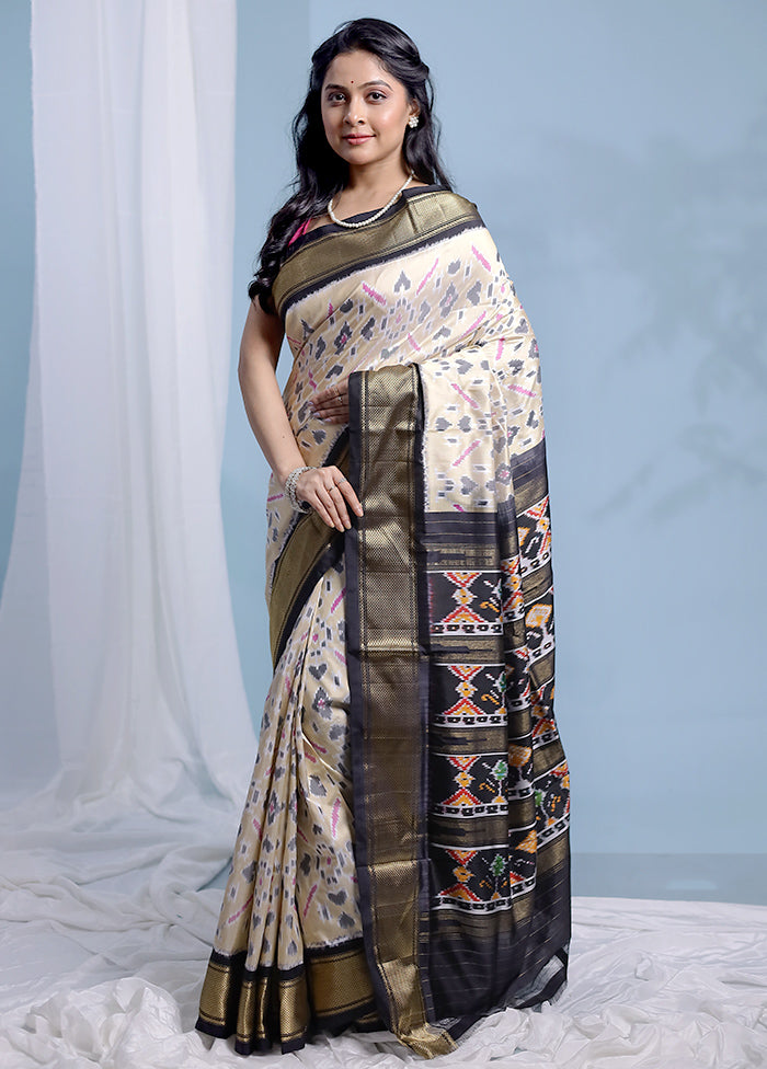 Cream Ikkat Pure Silk Saree With Blouse Piece