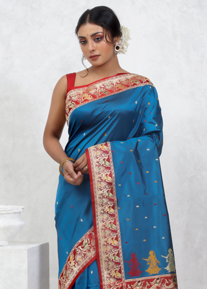 Blue Katan Pure Silk Saree With Blouse Piece