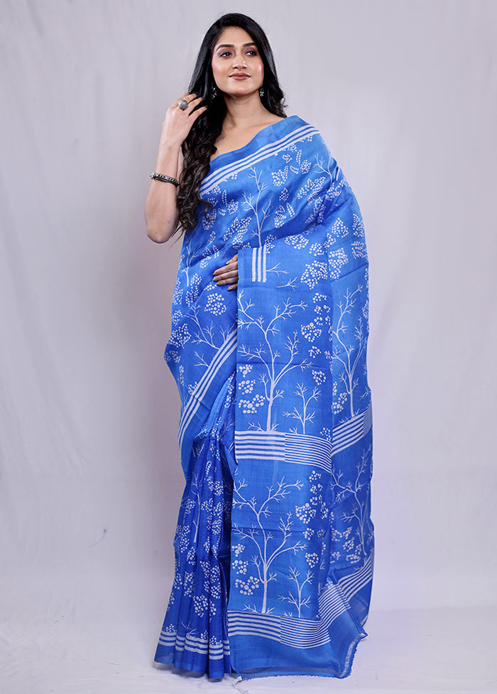 Blue Printed Pure Silk Saree With Blouse Piece