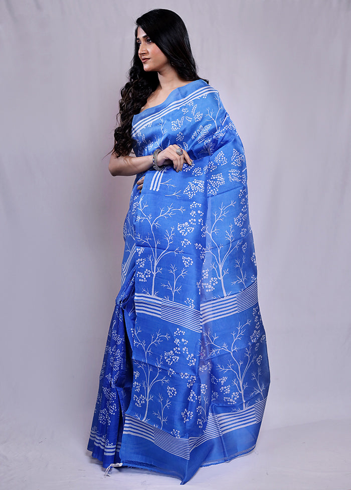 Blue Printed Pure Silk Saree With Blouse Piece