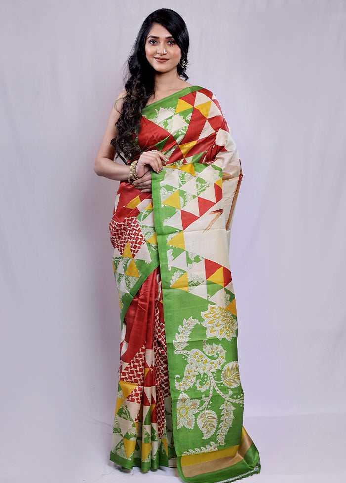 Red Printed Pure Silk Saree With Blouse Piece - Indian Silk House Agencies