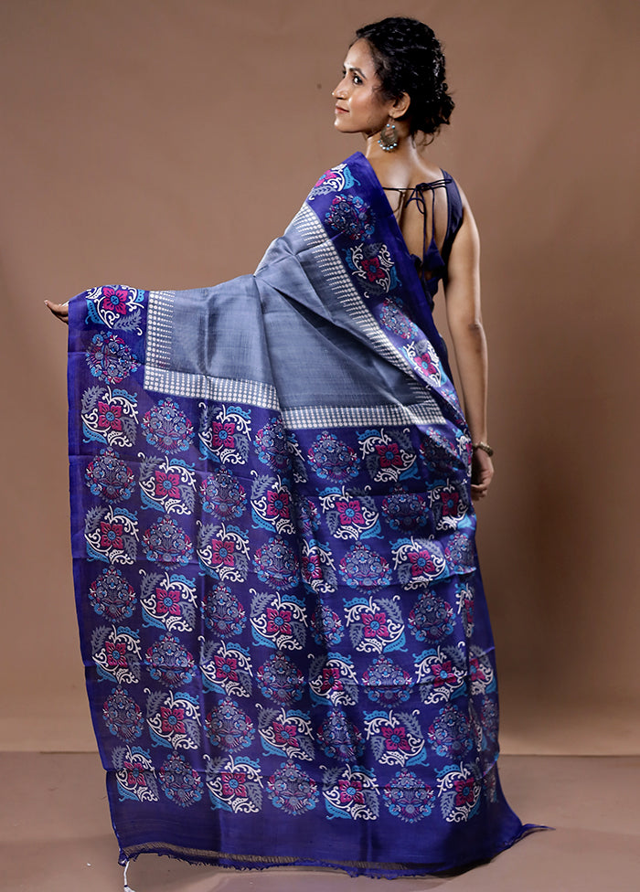 Grey Printed Pure Silk Saree With Blouse Piece - Indian Silk House Agencies
