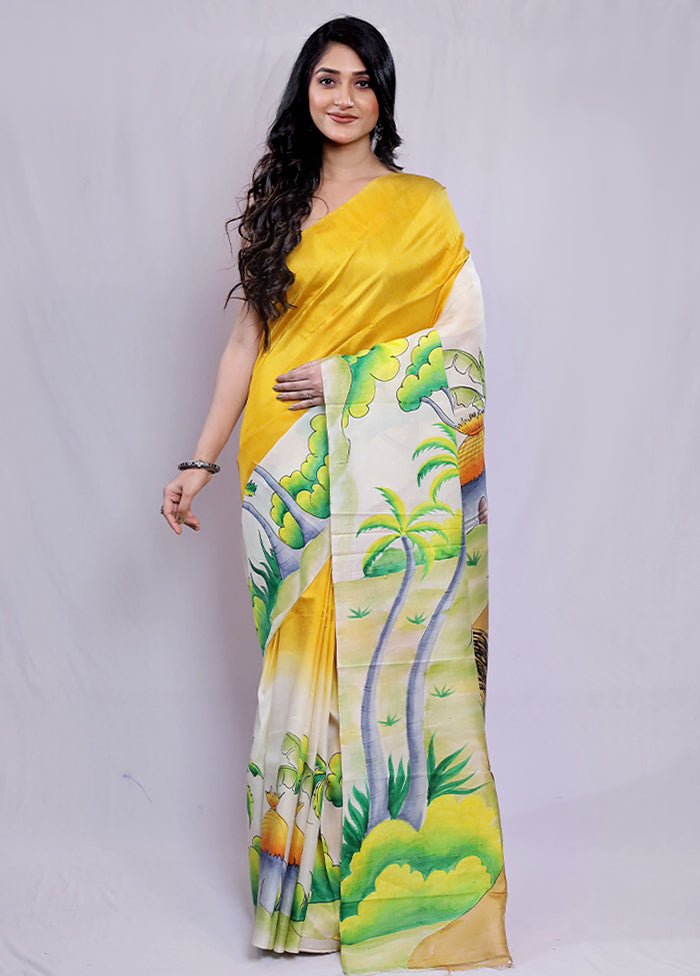 Cream Printed Pure Silk Saree With Blouse Piece