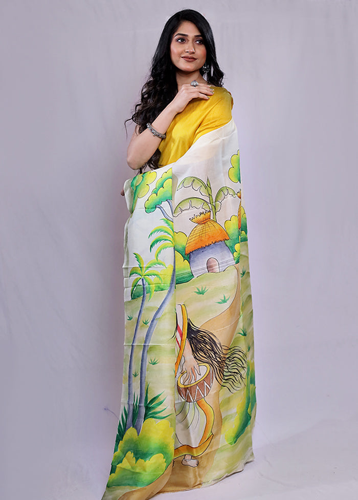 Cream Printed Pure Silk Saree With Blouse Piece - Indian Silk House Agencies