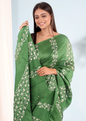 Green Printed Pure Silk Saree With Blouse Piece - Indian Silk House Agencies