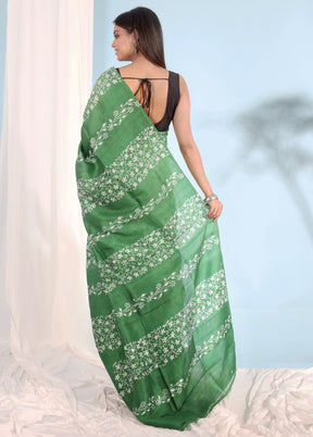 Green Printed Pure Silk Saree With Blouse Piece