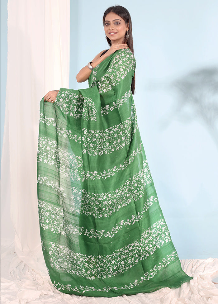 Green Printed Pure Silk Saree With Blouse Piece