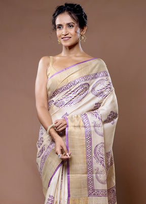 Cream Tussar Silk Saree With Blouse Piece - Indian Silk House Agencies