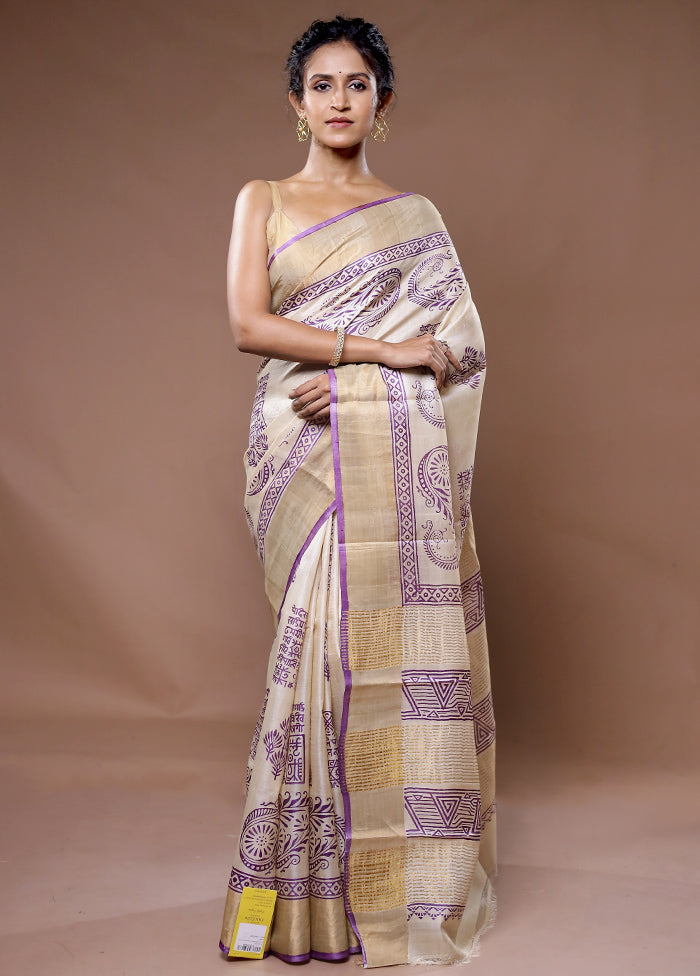 Cream Tussar Silk Saree With Blouse Piece