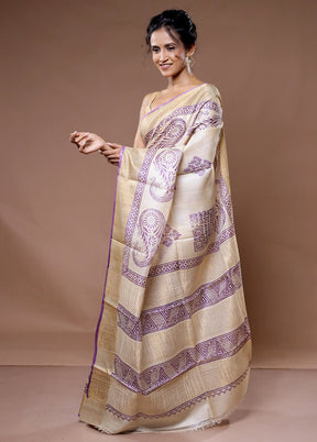 Cream Tussar Silk Saree With Blouse Piece