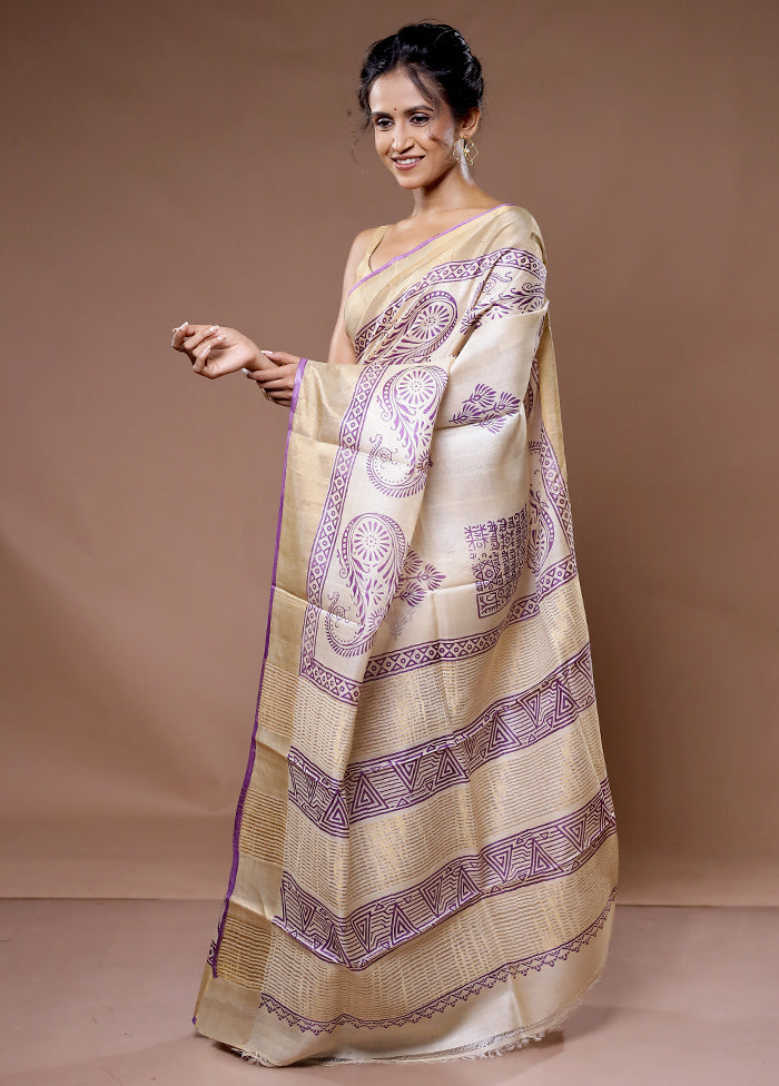 Cream Tussar Silk Saree With Blouse Piece - Indian Silk House Agencies