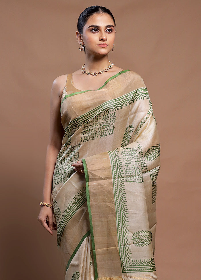 Cream Tussar Silk Saree With Blouse Piece