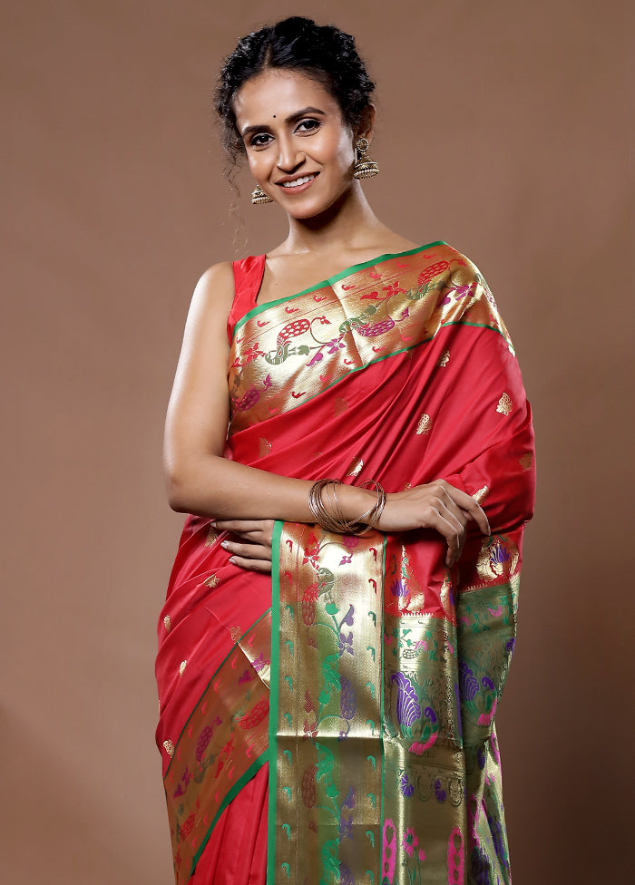Red Paithani Kanjivaram Silk Saree With Blouse Piece