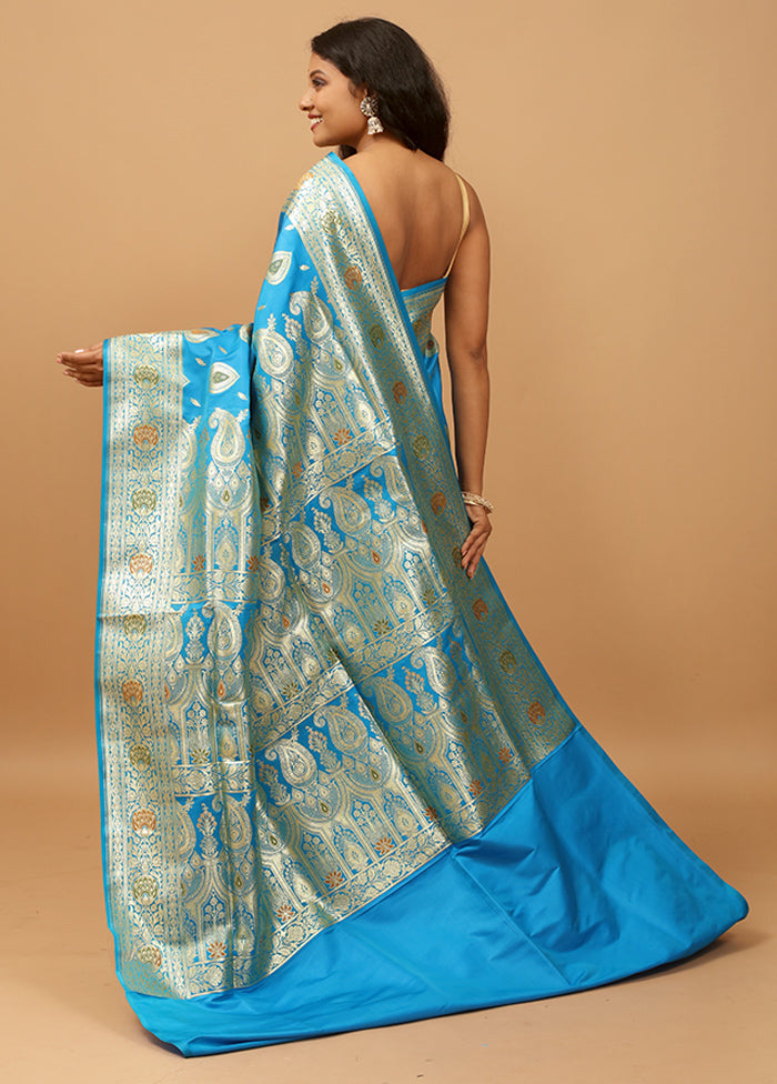 Blue Banarasi Silk Saree With Blouse Piece