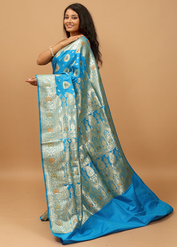 Blue Banarasi Silk Saree With Blouse Piece