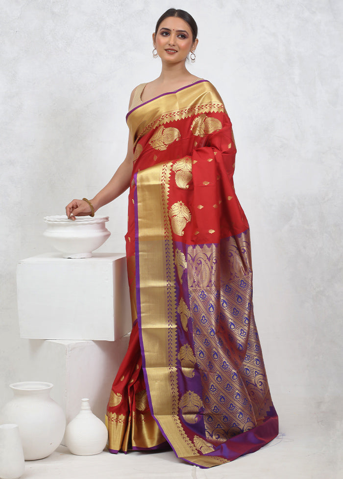 Red Kanjivaram Silk Saree With Blouse Piece - Indian Silk House Agencies