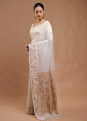 Cream Matka Silk Saree With Blouse Piece