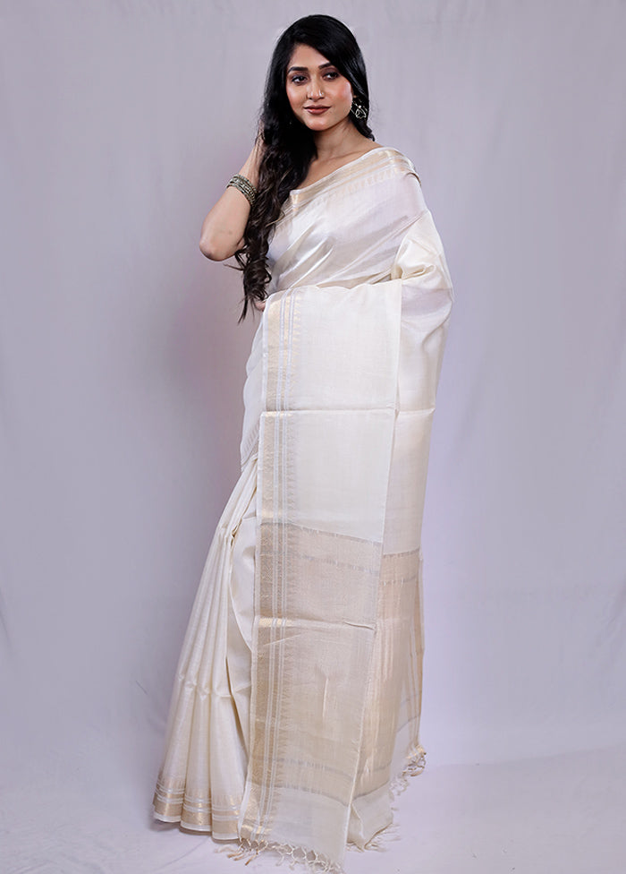 Cream Tussar Silk Saree With Blouse Piece - Indian Silk House Agencies