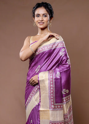 Purple Tussar Pure Silk Saree With Blouse Piece - Indian Silk House Agencies