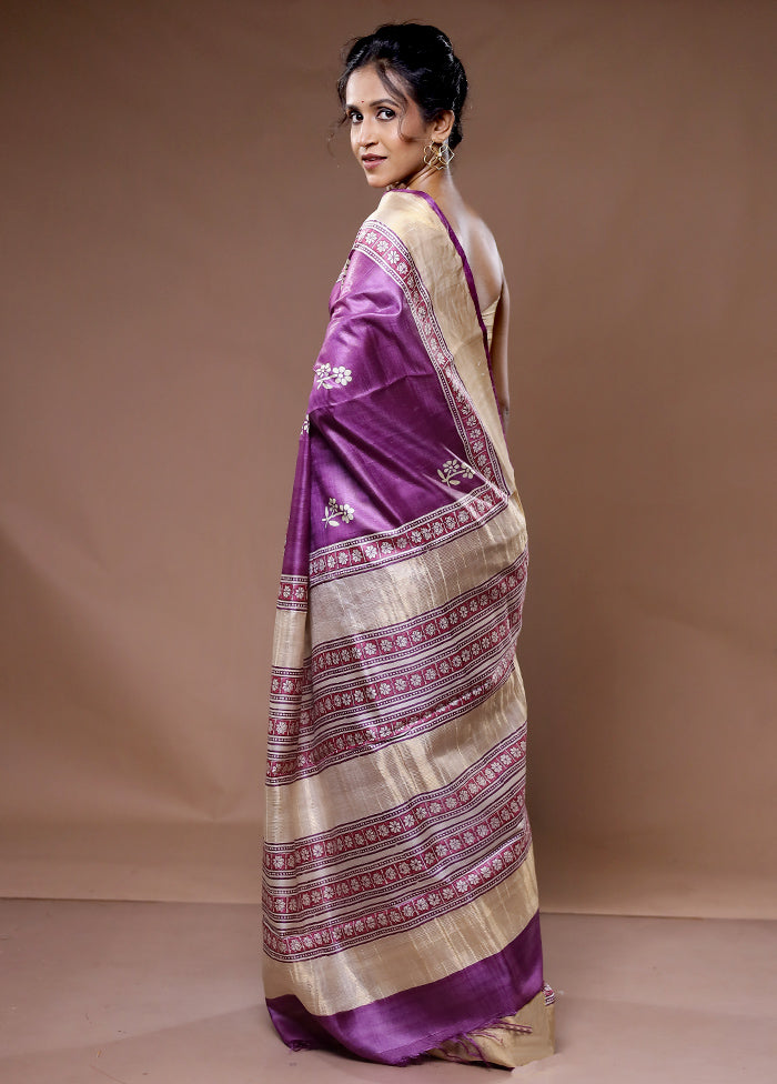 Purple Tussar Pure Silk Saree With Blouse Piece