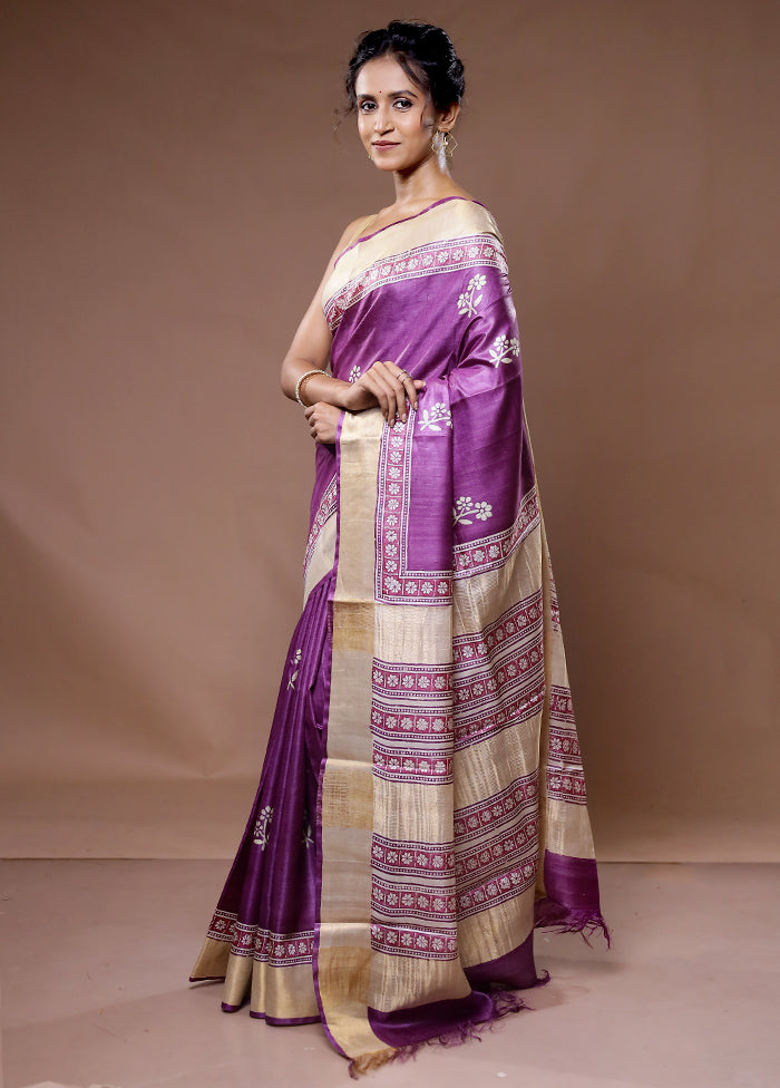 Purple Tussar Pure Silk Saree With Blouse Piece - Indian Silk House Agencies