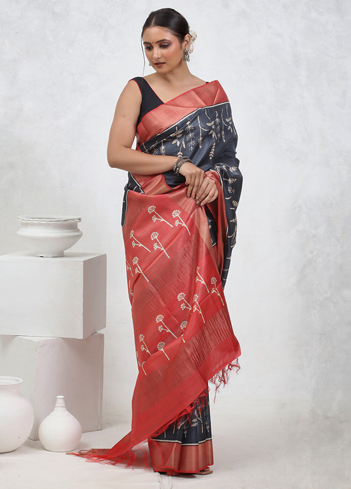 Grey Tussar Pure Silk Saree With Blouse Piece - Indian Silk House Agencies