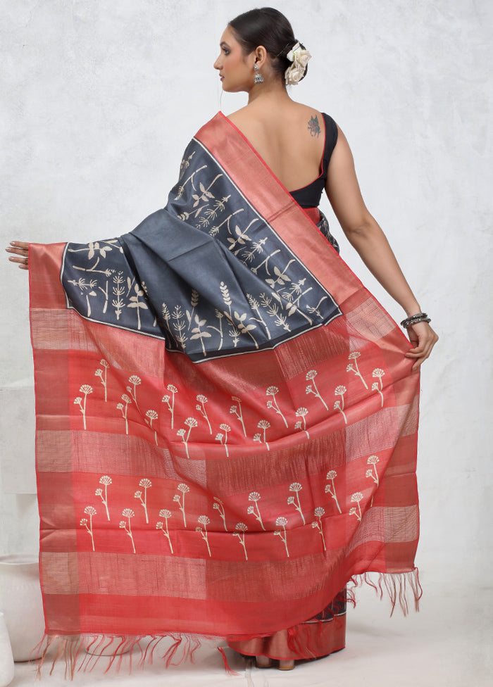 Grey Tussar Pure Silk Saree With Blouse Piece - Indian Silk House Agencies