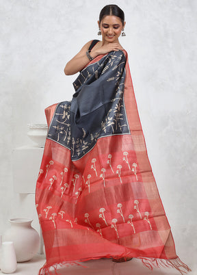 Grey Tussar Pure Silk Saree With Blouse Piece - Indian Silk House Agencies