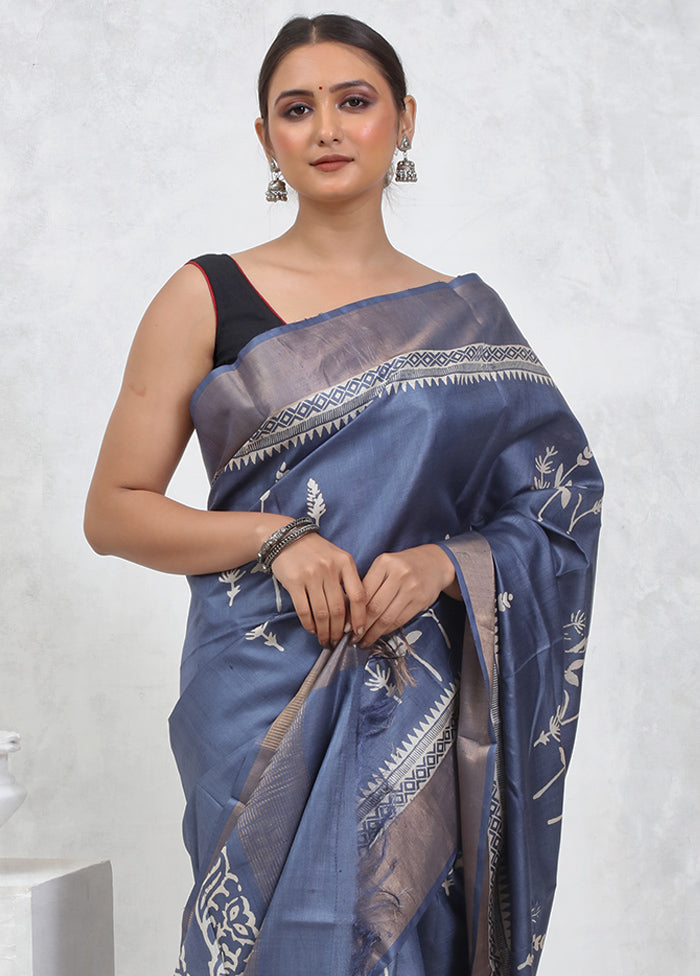 Grey Tussar Pure Silk Saree With Blouse Piece - Indian Silk House Agencies