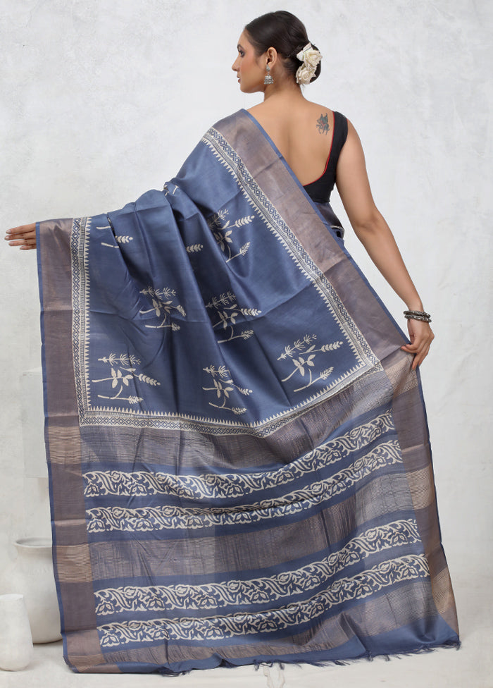 Grey Tussar Pure Silk Saree With Blouse Piece - Indian Silk House Agencies