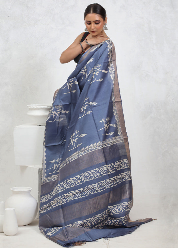 Grey Tussar Pure Silk Saree With Blouse Piece - Indian Silk House Agencies