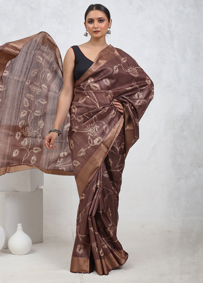 Brown Tussar Pure Silk Saree With Blouse Piece - Indian Silk House Agencies