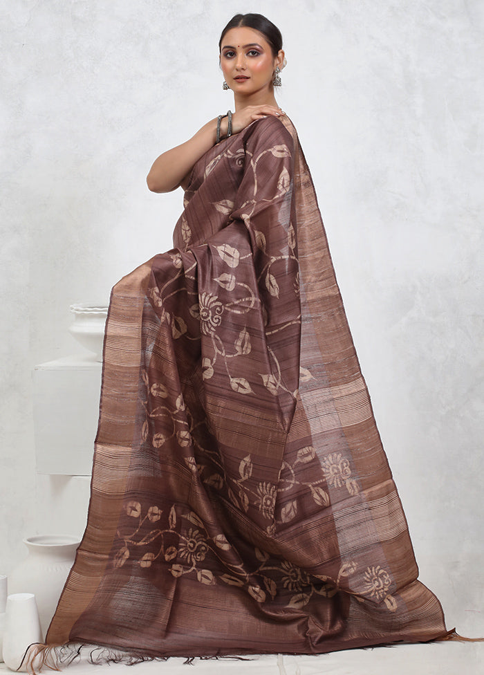 Brown Tussar Pure Silk Saree With Blouse Piece - Indian Silk House Agencies