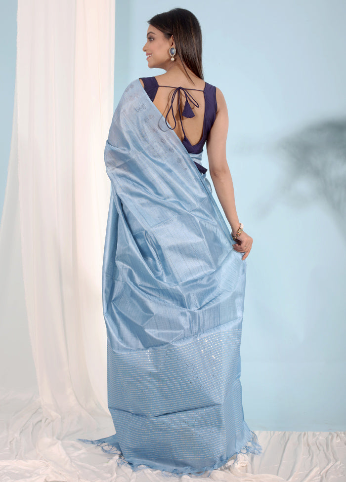 Blue Tussar Silk Saree With Blouse Piece - Indian Silk House Agencies