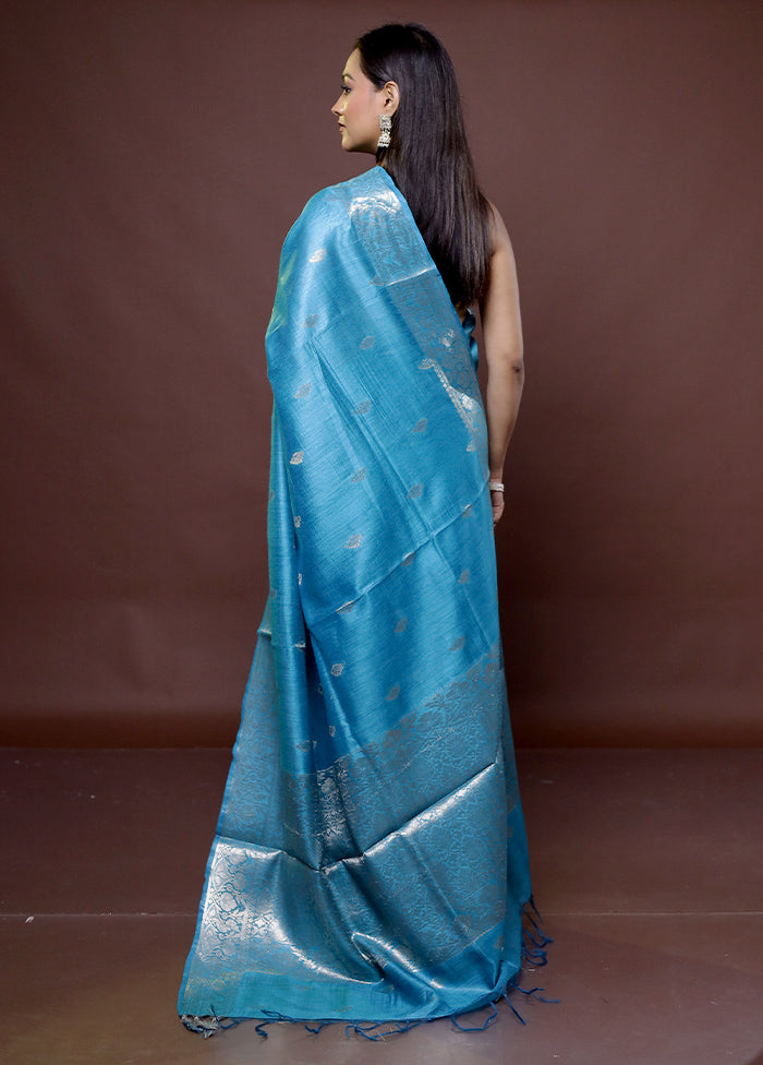 Blue Tussar Silk Saree With Blouse Piece