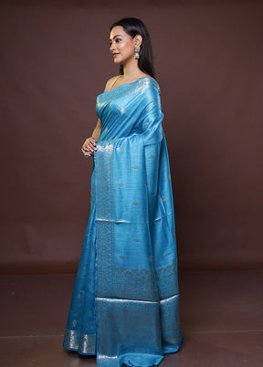 Blue Tussar Silk Saree With Blouse Piece